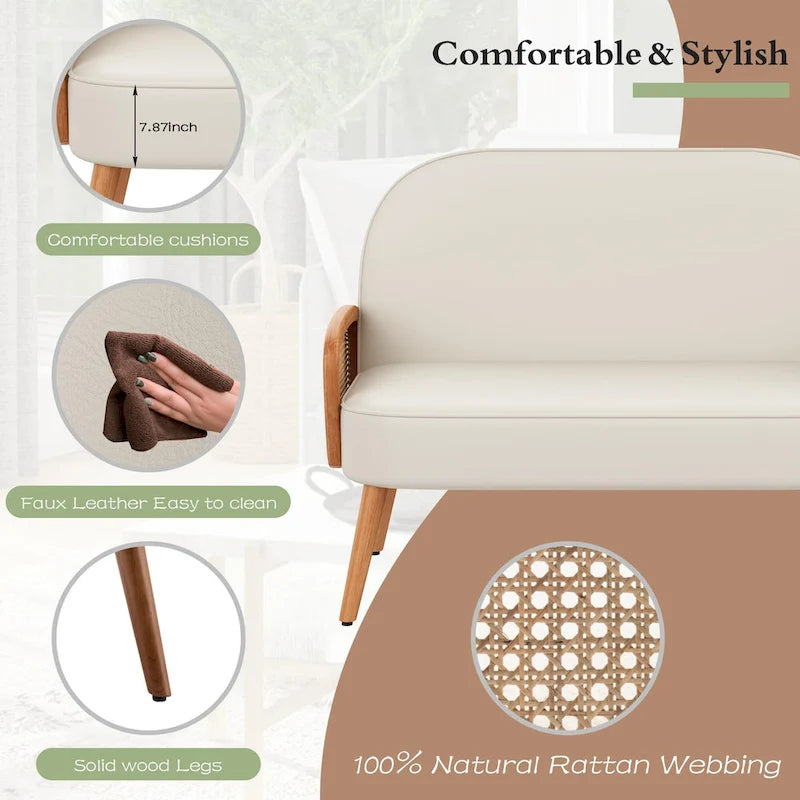 Causeuse en similicuir beige/vert/orange avec accoudoirs en rotin naturel et pieds en bois massif – 2 places