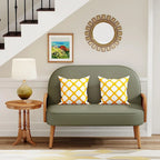 Causeuse en similicuir beige/vert/orange avec accoudoirs en rotin naturel et pieds en bois massif – 2 places