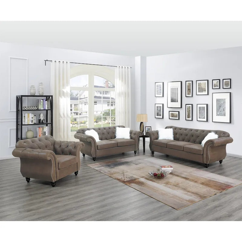 Canapé 3 places capitonné en velours indigo / gris ardoise / noir / café foncé avec accoudoirs roulés, mousse dense et système de ressorts sinueux