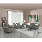 Canapé 3 places capitonné en velours indigo / gris ardoise / noir / café foncé avec accoudoirs roulés, mousse dense et système de ressorts sinueux