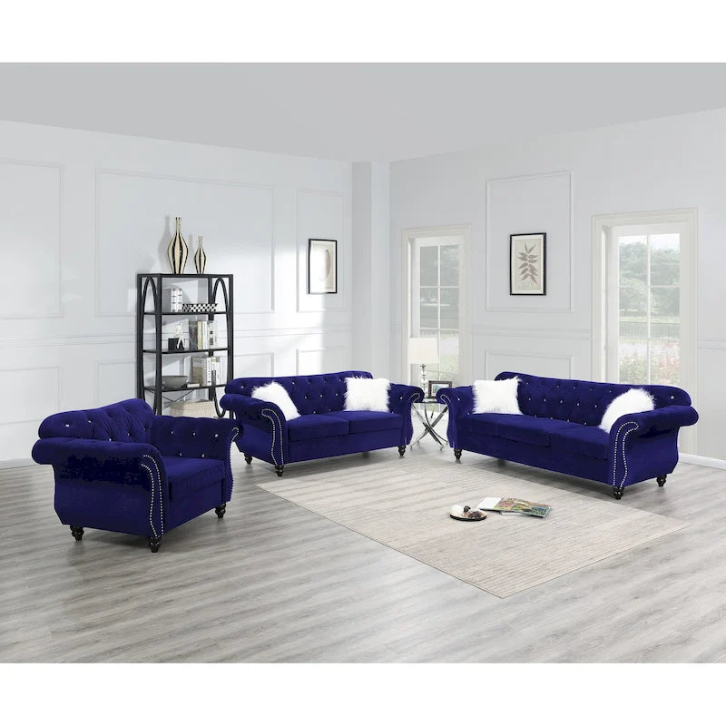 Canapé 3 places capitonné en velours indigo / gris ardoise / noir / café foncé avec accoudoirs roulés, mousse dense et système de ressorts sinueux