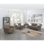 Canapé 3 places capitonné en velours indigo / gris ardoise / noir / café foncé avec accoudoirs roulés, mousse dense et système de ressorts sinueux