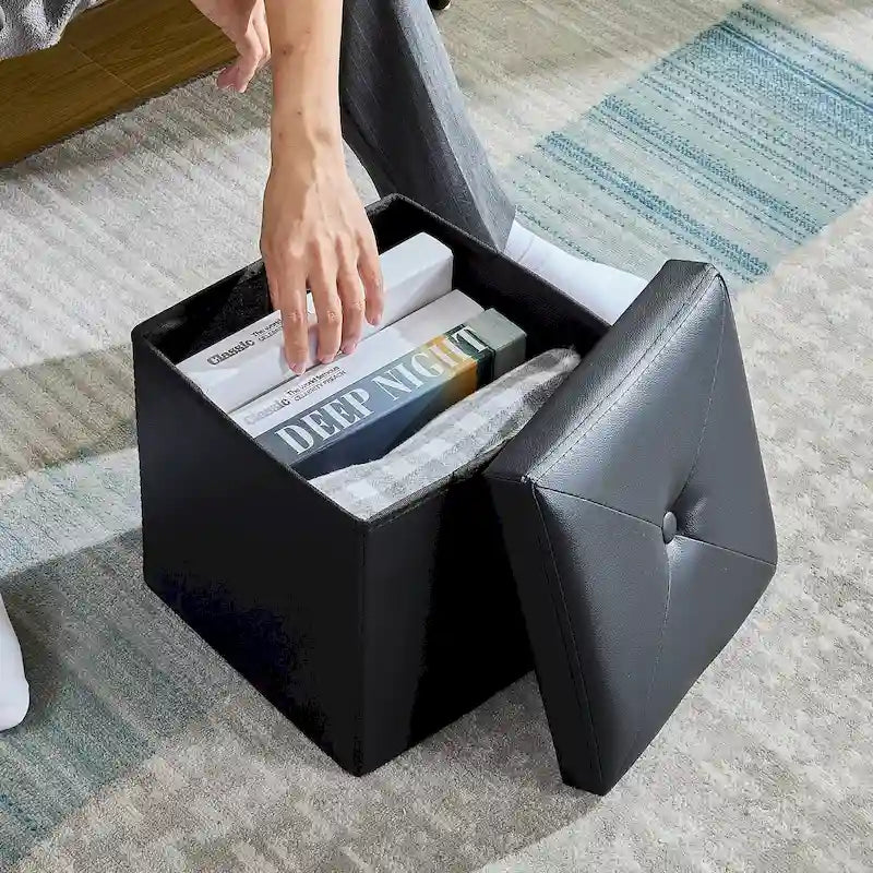 Pouffe de rangement cube en cuir PVC Noir / Blanc / Marron / Gris avec couvercle capitonné – Unité simple
