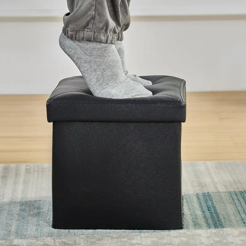 Pouffe de rangement cube en cuir PVC Noir / Blanc / Marron / Gris avec couvercle capitonné – Unité simple