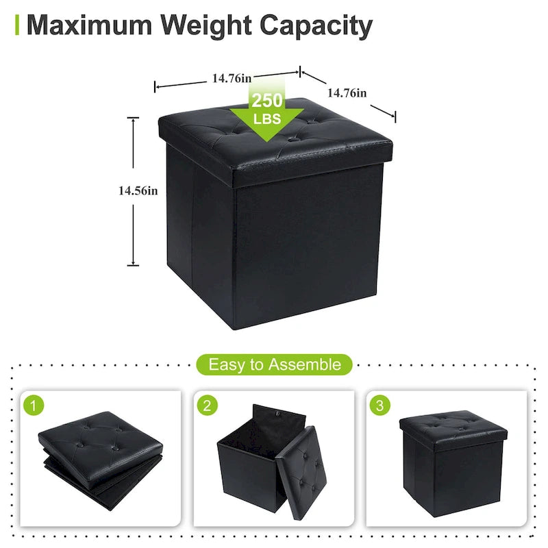 Pouffe de rangement cube en cuir PVC Noir / Blanc / Marron / Gris avec couvercle capitonné – Unité simple