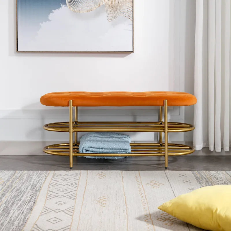 Banc rembourré en velours rose / orange / noir / gris / beige / bleu marine / rouge / olive avec double étagère à chaussures – Unité simple