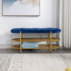 Banc rembourré en velours rose / orange / noir / gris / beige / bleu marine / rouge / olive avec double étagère à chaussures – Unité simple