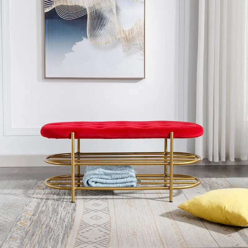 Banc rembourré en velours rose / orange / noir / gris / beige / bleu marine / rouge / olive avec double étagère à chaussures – Unité simple