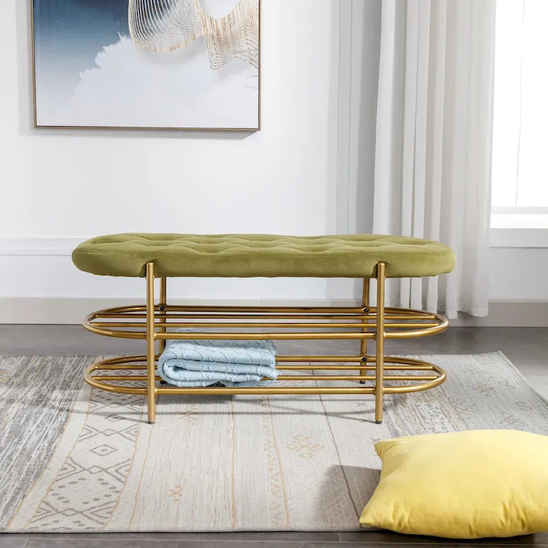 Banc rembourré en velours rose / orange / noir / gris / beige / bleu marine / rouge / olive avec double étagère à chaussures – Unité simple