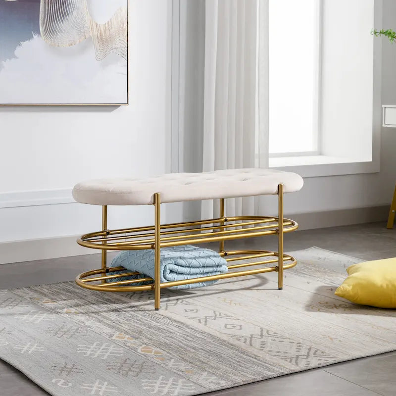 Banc rembourré en velours rose / orange / noir / gris / beige / bleu marine / rouge / olive avec double étagère à chaussures – Unité simple