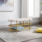 Banc rembourré en velours rose / orange / noir / gris / beige / bleu marine / rouge / olive avec double étagère à chaussures – Unité simple