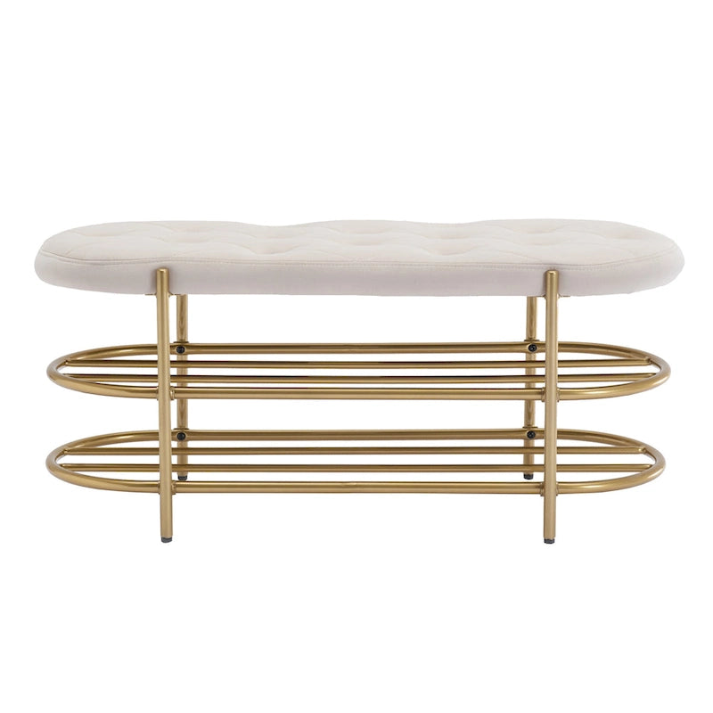 Banc rembourré en velours rose / orange / noir / gris / beige / bleu marine / rouge / olive avec double étagère à chaussures – Unité simple