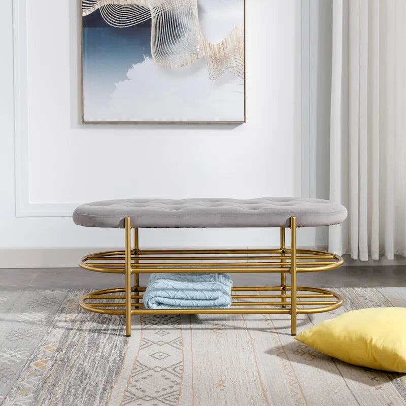 Banc rembourré en velours rose / orange / noir / gris / beige / bleu marine / rouge / olive avec double étagère à chaussures – Unité simple