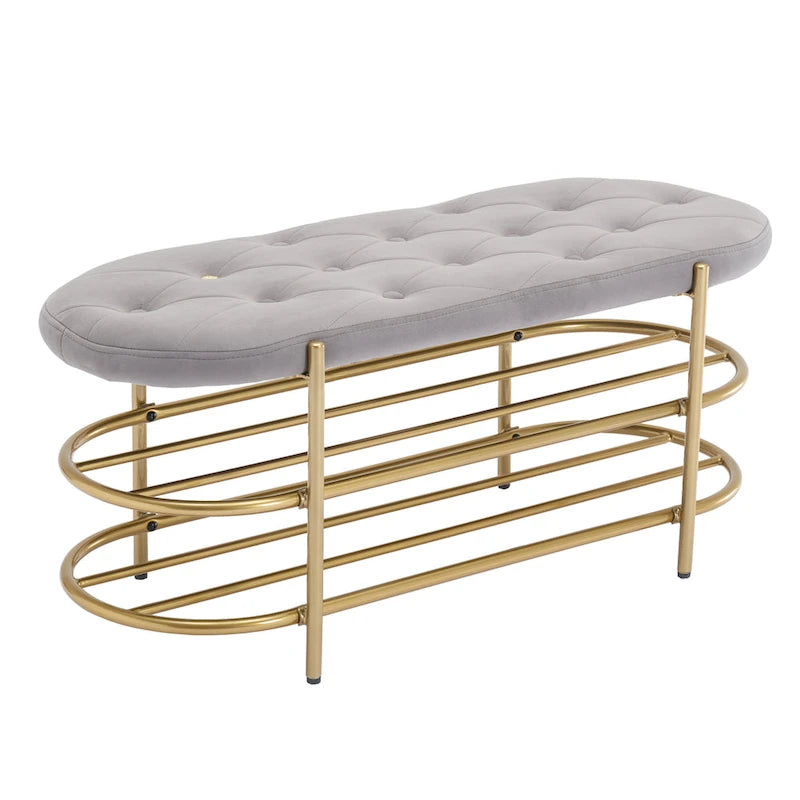 Banc rembourré en velours rose / orange / noir / gris / beige / bleu marine / rouge / olive avec double étagère à chaussures – Unité simple