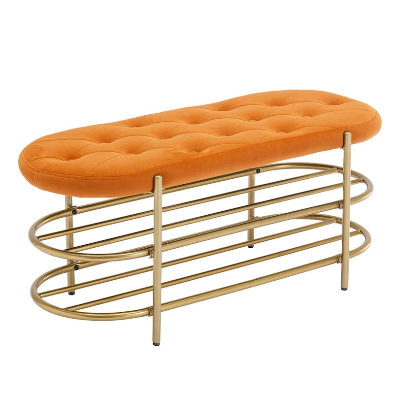 Banc rembourré en velours rose / orange / noir / gris / beige / bleu marine / rouge / olive avec double étagère à chaussures – Unité simple