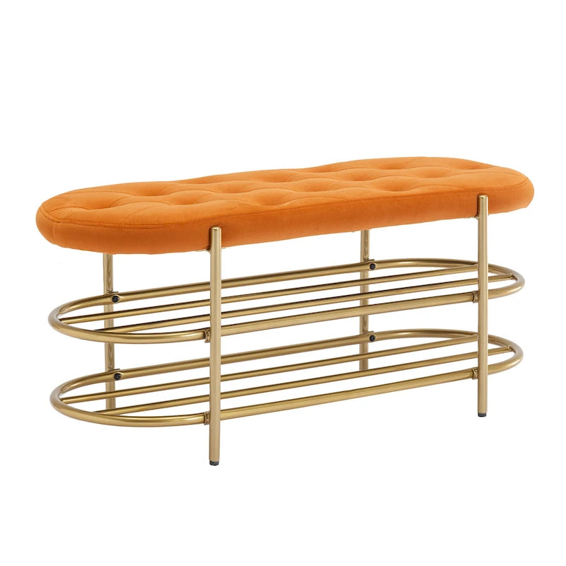 Banc rembourré en velours rose / orange / noir / gris / beige / bleu marine / rouge / olive avec double étagère à chaussures – Unité simple