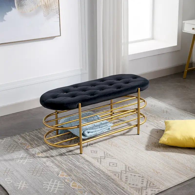 Banc rembourré en velours rose / orange / noir / gris / beige / bleu marine / rouge / olive avec double étagère à chaussures – Unité simple