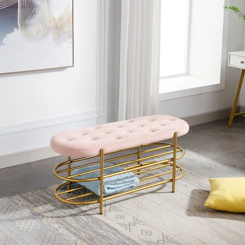 Banc rembourré en velours rose / orange / noir / gris / beige / bleu marine / rouge / olive avec double étagère à chaussures – Unité simple