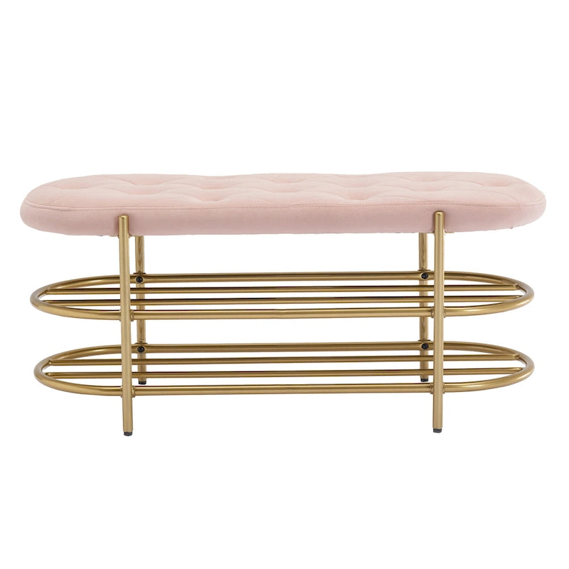 Banc rembourré en velours rose / orange / noir / gris / beige / bleu marine / rouge / olive avec double étagère à chaussures – Unité simple