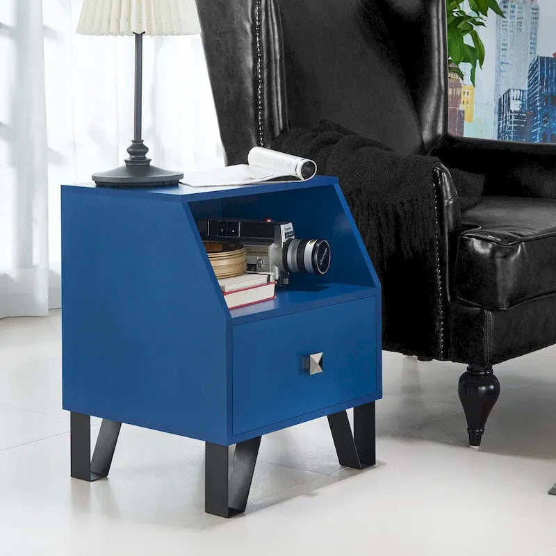 Table d'appoint contemporaine noire / blanche / grise / bleu ciel / bleu marine avec tiroir et étagère ouverte – Unité individuelle