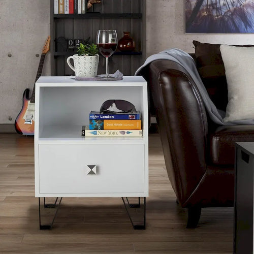 Table d'appoint contemporaine noire / blanche / grise / bleu ciel / bleu marine avec tiroir et étagère ouverte – Unité individuelle