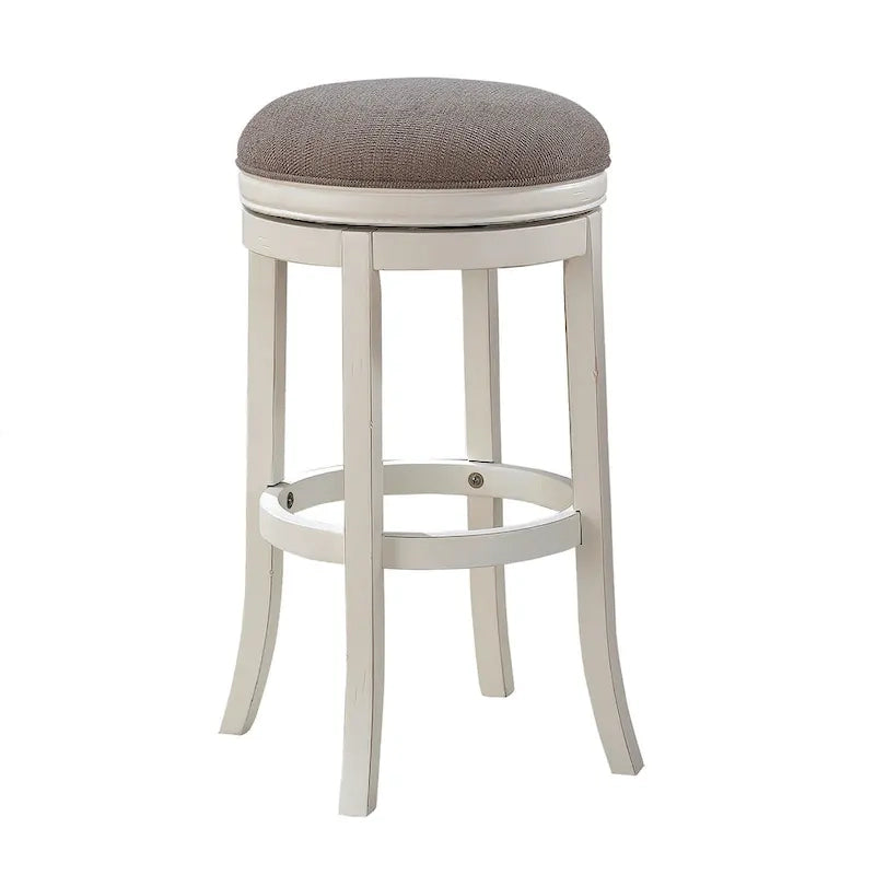 Tabouret de bar sans dossier en bois dur blanc antique avec assise en tissu tissé, pivotant à 360° et repose-pieds circulaire intégral – Siège unique