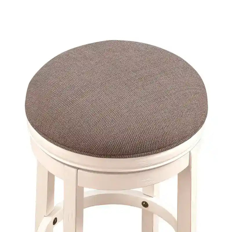 Tabouret de bar sans dossier en bois dur blanc antique avec assise en tissu tissé, pivotant à 360° et repose-pieds circulaire intégral – Siège unique