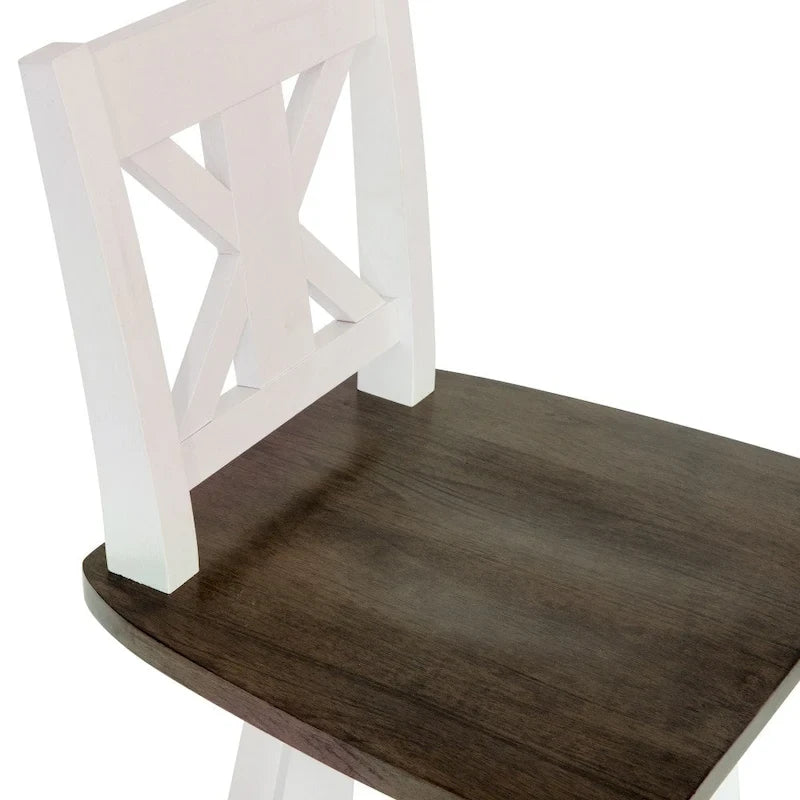Tabouret de comptoir pivotant de style ferme en bois massif avec dossier en croix, cadre blanc antique et assise grise, avec repose-pieds – Siège unique