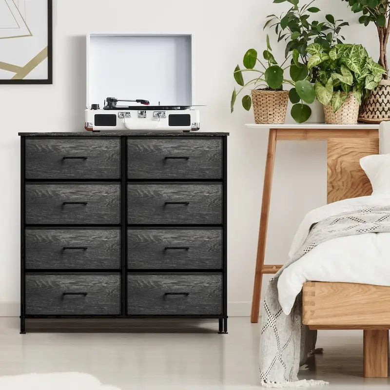 Commode portative 8 tiroirs en tissu aspect bois gris avec cadre en acier et tiroirs pliables – Unité individuelle