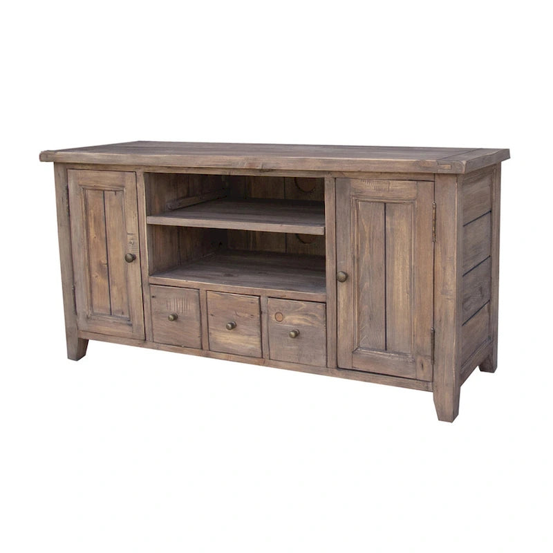 Meuble TV en bois recyclé rustique marron clair avec gestion des câbles et étagère ouverte – Unité simple