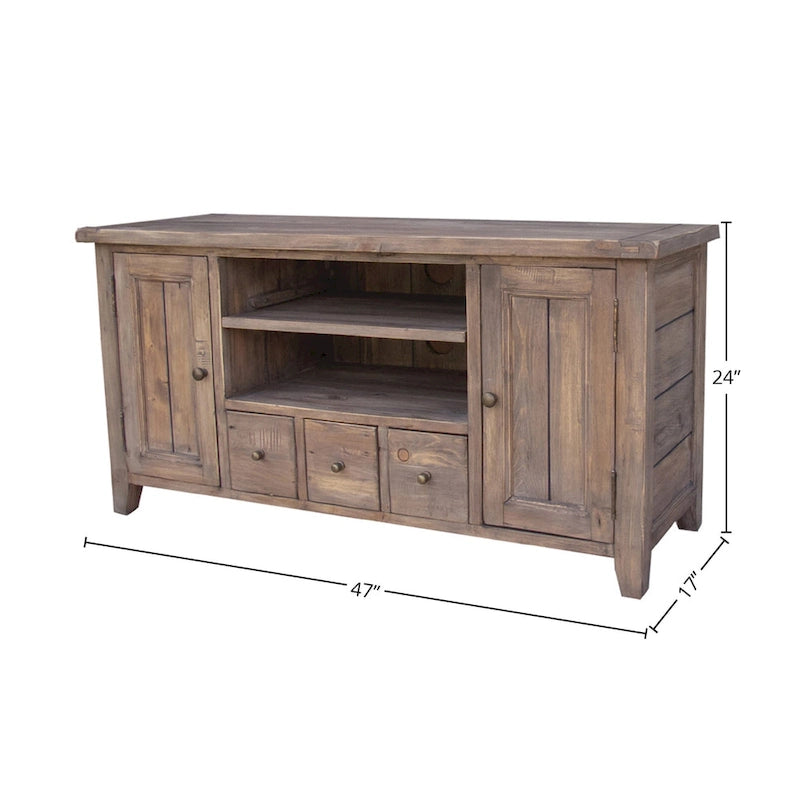 Meuble TV en bois recyclé rustique marron clair avec gestion des câbles et étagère ouverte – Unité simple