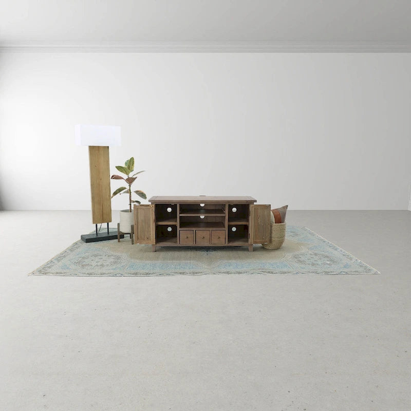 Meuble TV en bois recyclé rustique marron clair avec gestion des câbles et étagère ouverte – Unité simple