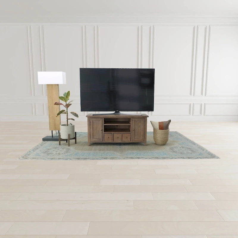 Meuble TV en bois recyclé rustique marron clair avec gestion des câbles et étagère ouverte – Unité simple