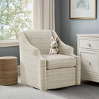 Fauteuil planeur pivotant à 360° en tissu jacquard beige avec dossier fixe, coussin d'assise amovible et base en métal noir – Siège simple
