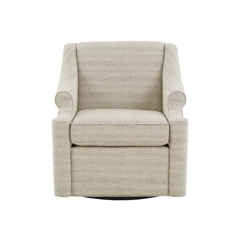 Fauteuil planeur pivotant à 360° en tissu jacquard beige avec dossier fixe, coussin d'assise amovible et base en métal noir – Siège simple