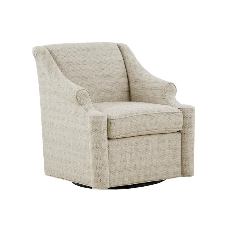 Fauteuil planeur pivotant à 360° en tissu jacquard beige avec dossier fixe, coussin d'assise amovible et base en métal noir – Siège simple