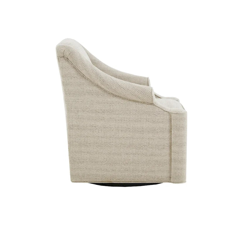 Fauteuil planeur pivotant à 360° en tissu jacquard beige avec dossier fixe, coussin d'assise amovible et base en métal noir – Siège simple