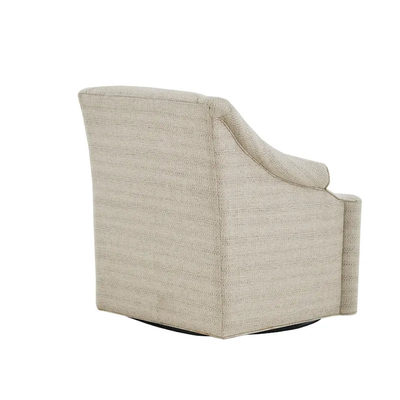 Fauteuil planeur pivotant à 360° en tissu jacquard beige avec dossier fixe, coussin d'assise amovible et base en métal noir – Siège simple