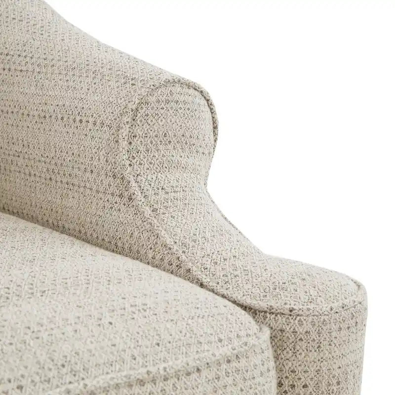 Fauteuil planeur pivotant à 360° en tissu jacquard beige avec dossier fixe, coussin d'assise amovible et base en métal noir – Siège simple