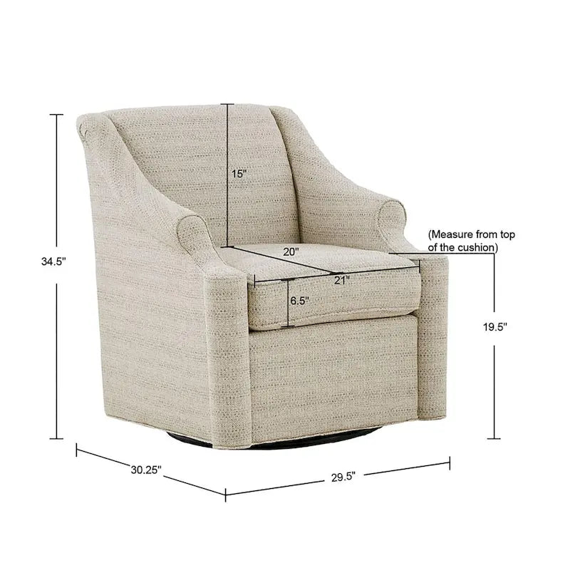 Fauteuil planeur pivotant à 360° en tissu jacquard beige avec dossier fixe, coussin d'assise amovible et base en métal noir – Siège simple