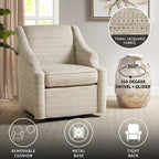Fauteuil planeur pivotant à 360° en tissu jacquard beige avec dossier fixe, coussin d'assise amovible et base en métal noir – Siège simple