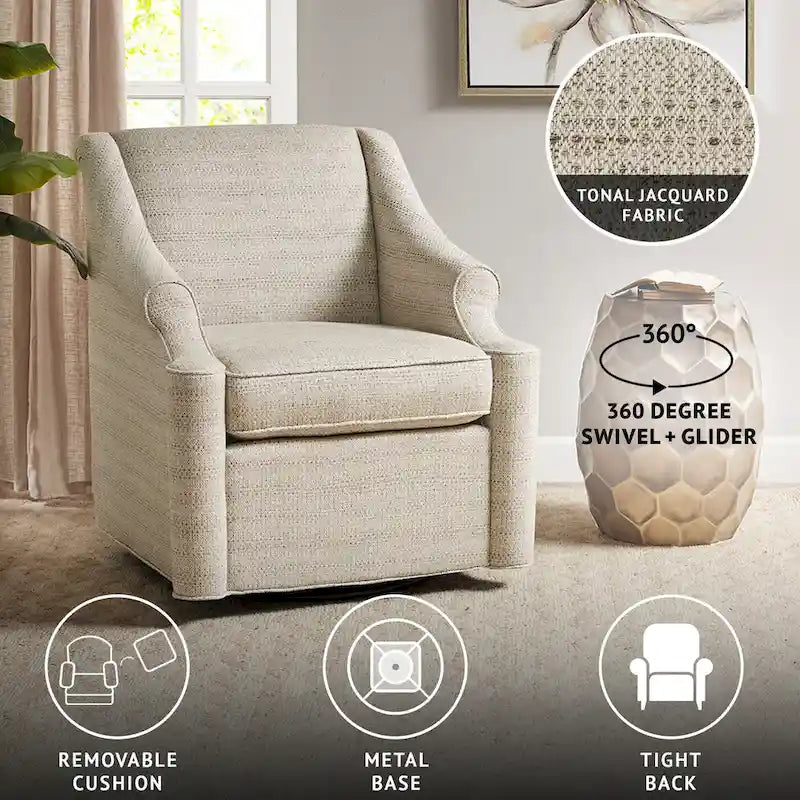 Fauteuil planeur pivotant à 360° en tissu jacquard beige avec dossier fixe, coussin d'assise amovible et base en métal noir – Siège simple