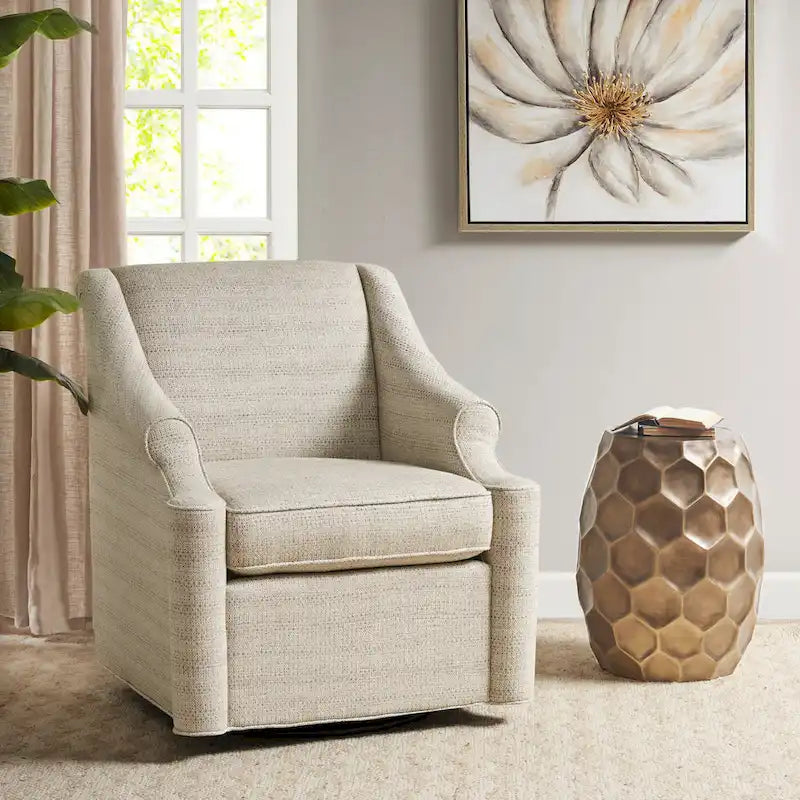 Fauteuil planeur pivotant à 360° en tissu jacquard beige avec dossier fixe, coussin d'assise amovible et base en métal noir – Siège simple