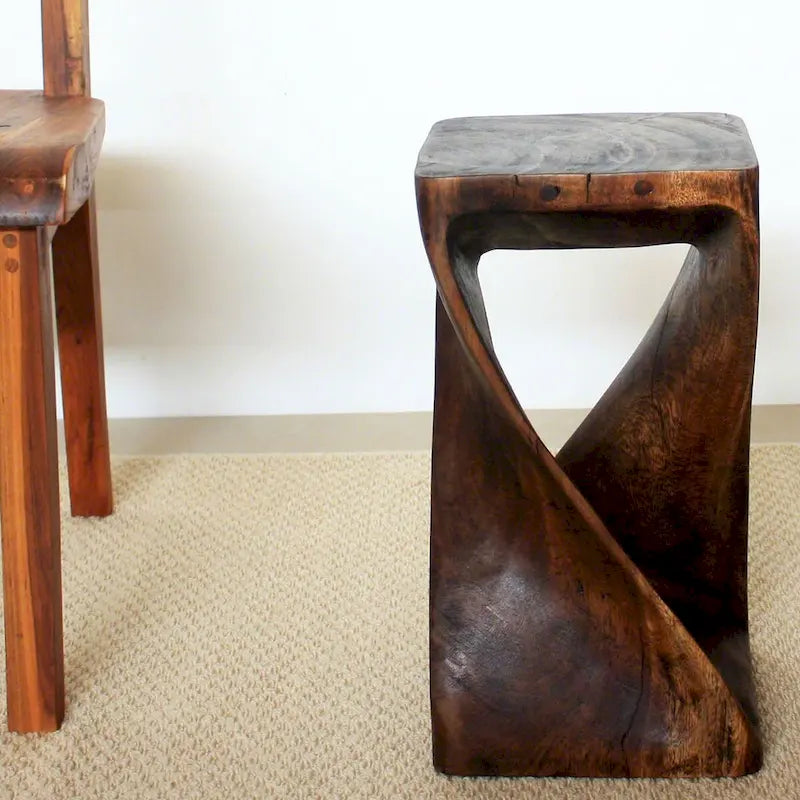 Tabouret et table d'appoint en bois d'acacia sculpté à la main Mocha Oil – Unité simple