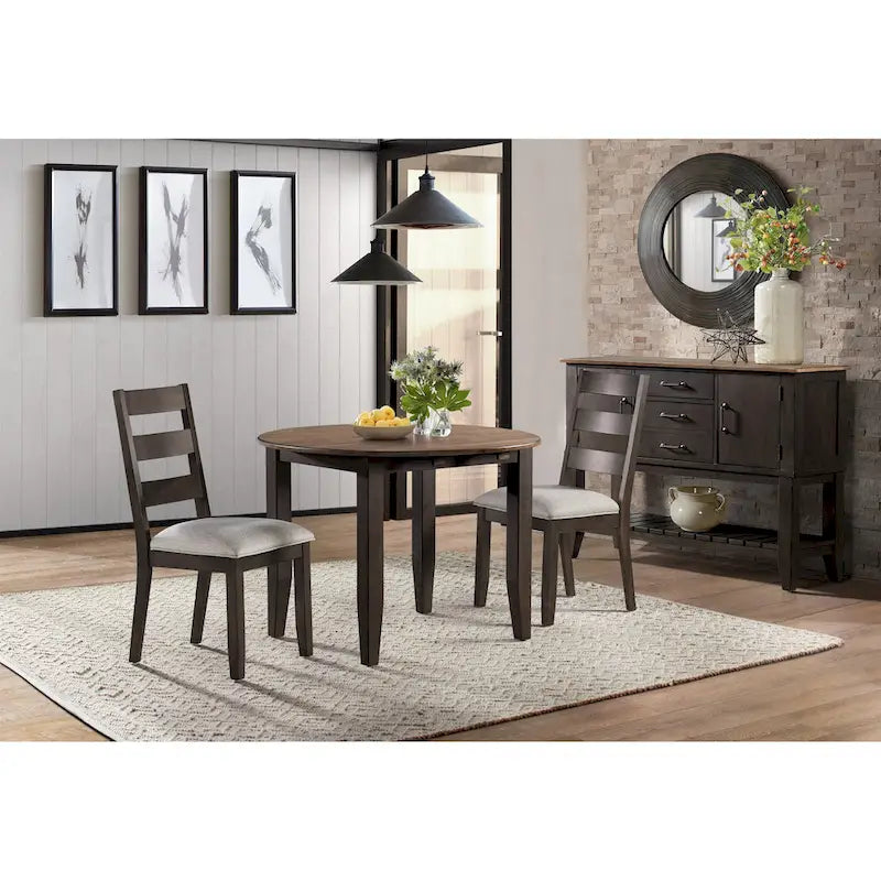 Table à manger ronde à rallonges, bicolore noir et noyer, avec plateau en bois massif scié grossièrement – Unité unique