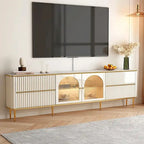 Meuble TV en MDF avec plateau en pierre frittée beige, 4 tiroirs, meuble vitrine en verre trempé et pieds en acier inoxydable – Unité simple