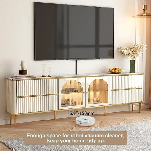 Meuble TV en MDF avec plateau en pierre frittée beige, 4 tiroirs, meuble vitrine en verre trempé et pieds en acier inoxydable – Unité simple
