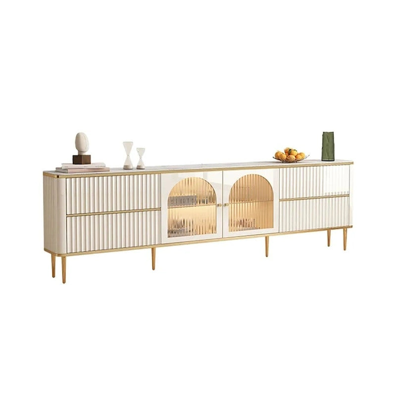 Meuble TV en MDF avec plateau en pierre frittée beige, 4 tiroirs, meuble vitrine en verre trempé et pieds en acier inoxydable – Unité simple