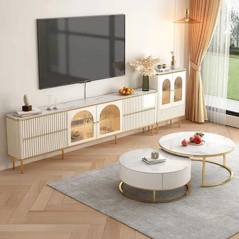 Meuble TV en MDF avec plateau en pierre frittée beige, 4 tiroirs, meuble vitrine en verre trempé et pieds en acier inoxydable – Unité simple