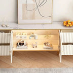 Meuble TV en MDF avec plateau en pierre frittée beige, 4 tiroirs, meuble vitrine en verre trempé et pieds en acier inoxydable – Unité simple